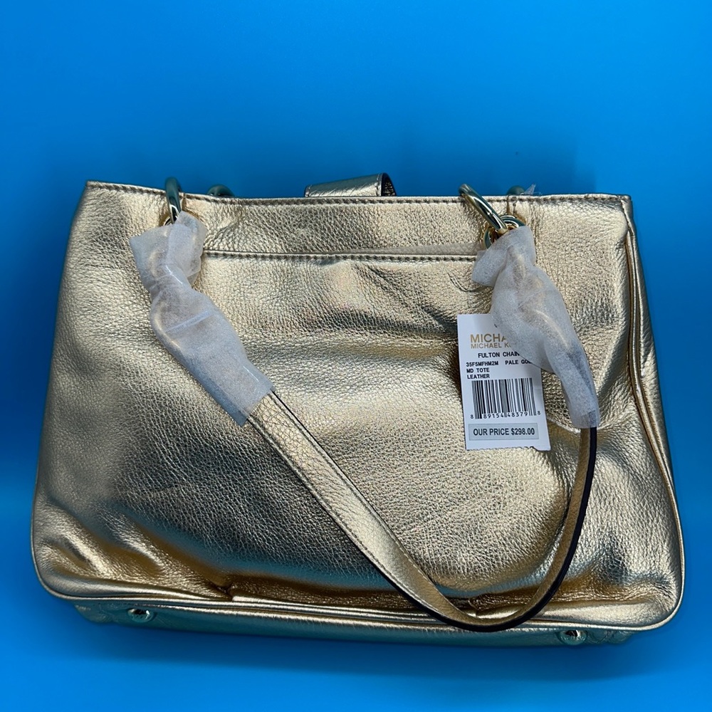 NET $298 Michael Kors Fulton Chain Leather Medium Tote (Pale Gold) - Picture 2 of 4